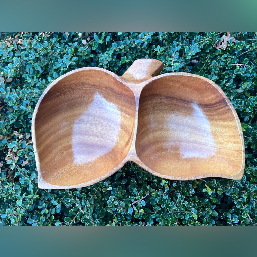 Monkey Pod Wood Acorn Snacks Tray 2 Compartment Mid Century Modern 10" PHILART